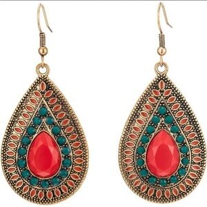 Bohemian Teardrop Earrings - Red and Turquoise